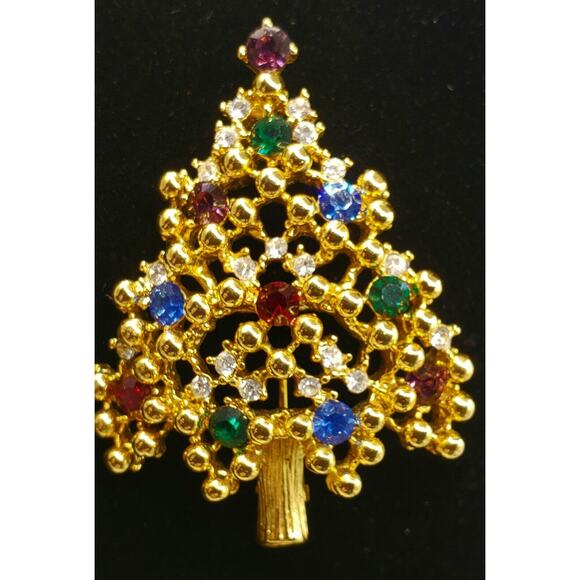 Eisenberg Rhinestone Christmas Tree Brooch Gold Tone Bling Holiday Pin Signed - Picture 3 of 8